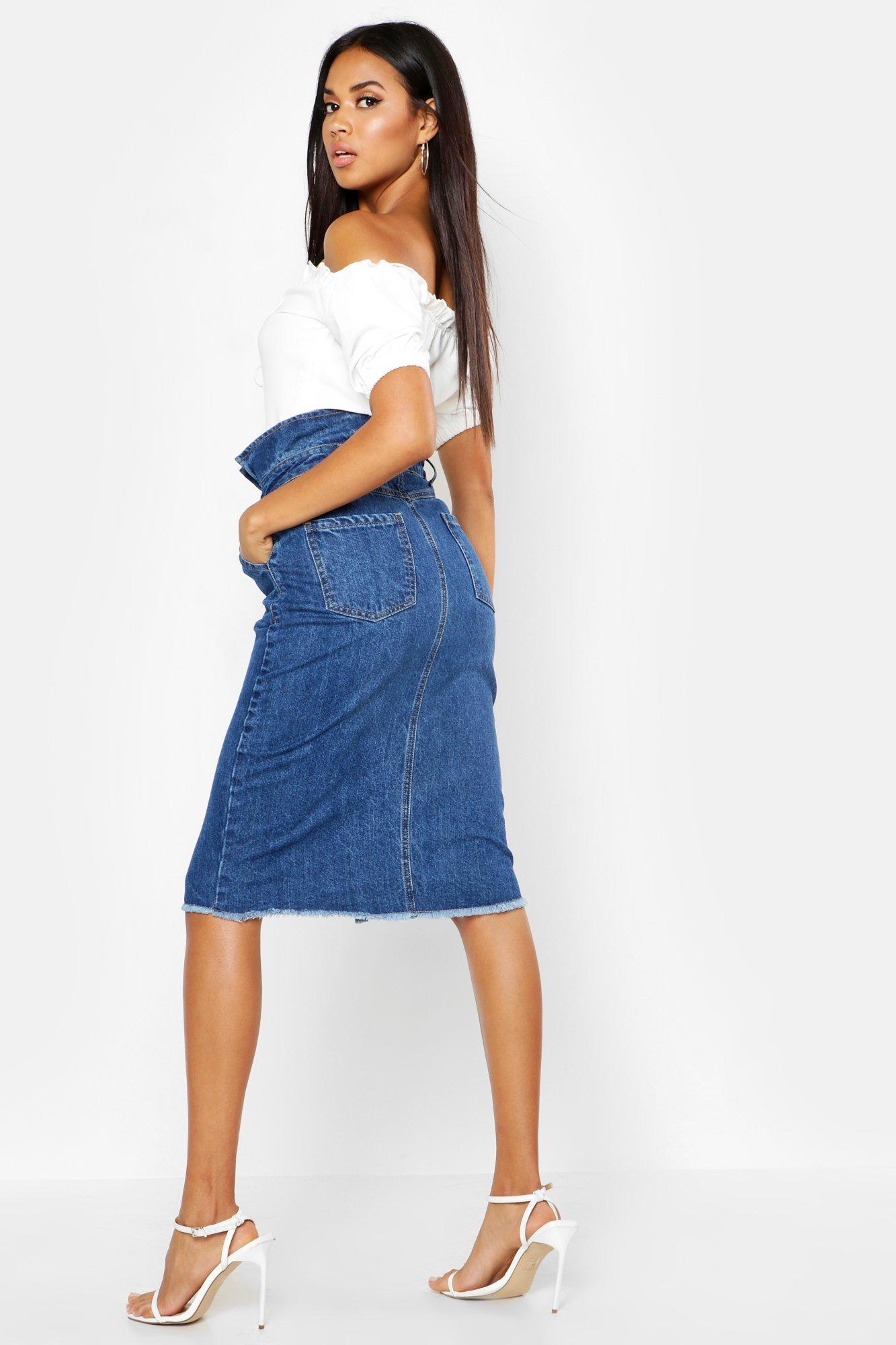 Jupe midi en denim paperbag fendue a l avant